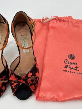 Comme il Faut Orange Floral Velvet & Leather Tango Shoes Heels 3.5" Size 7